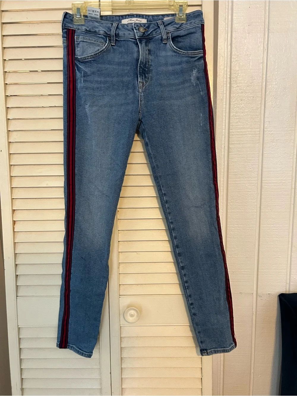 Mavi Skinny Blue Jeans with Red Side Stripes